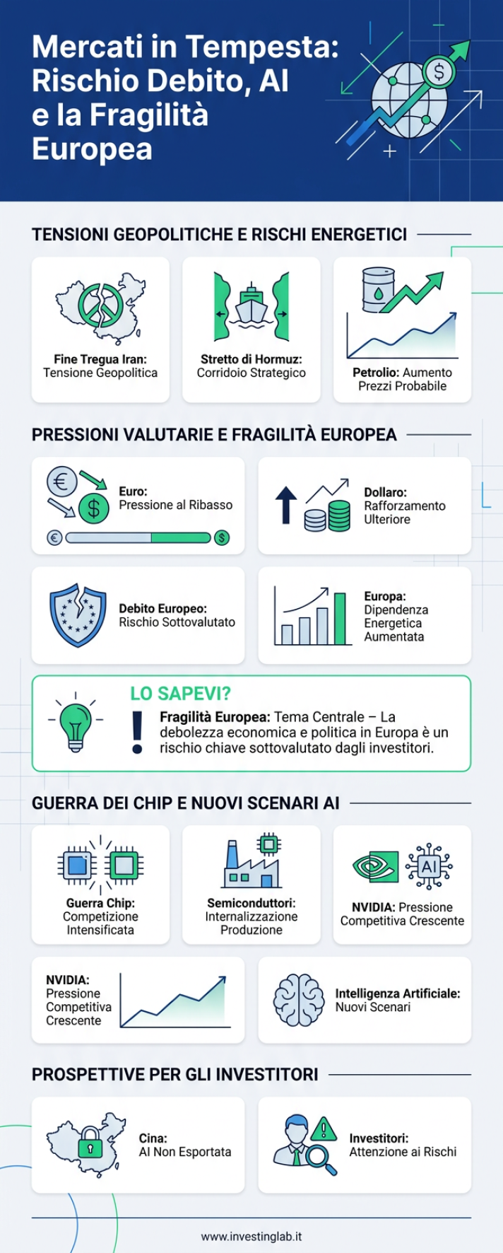 Infografica 1 -- Mercati in Tempesta: Rischio Debito, AI e la Fragilità Europea