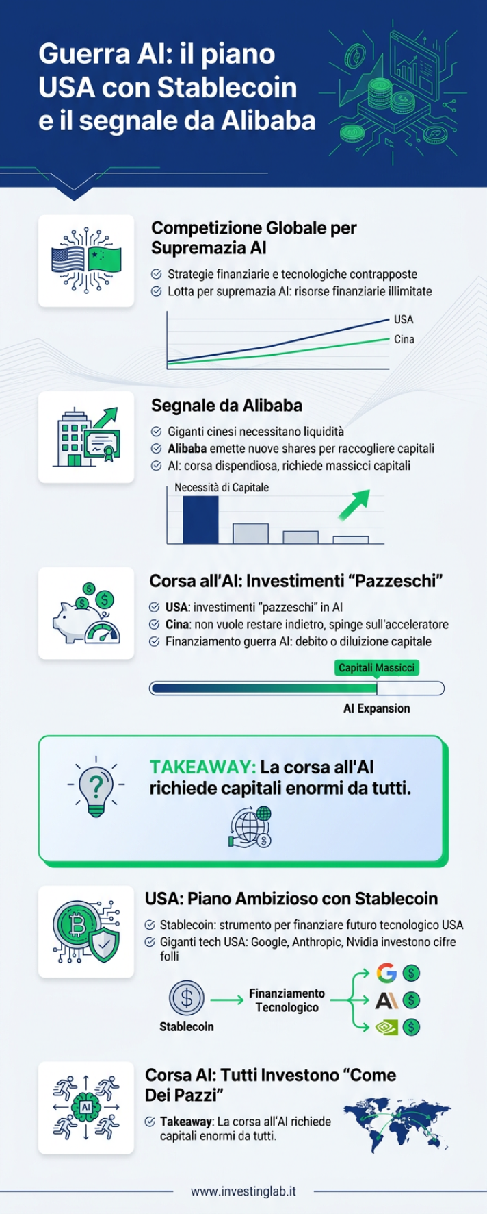 Infografica 1 -- Guerra AI: il piano USA con Stablecoin e il segnale da Alibaba