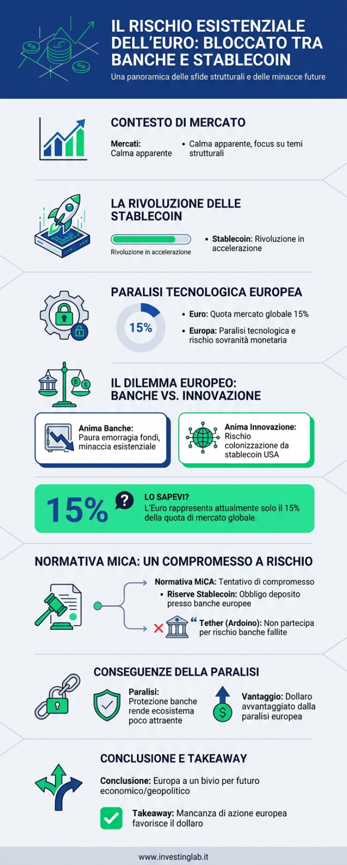 Infografica 1 -- Il Rischio Esistenziale dell'Euro: Bloccato tra Banche e Stablecoin