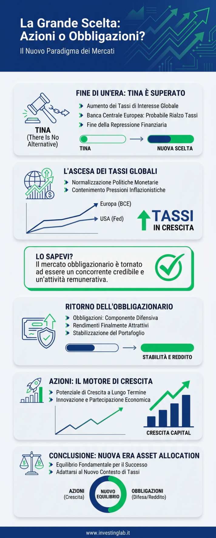 Infografica 1 -- La Grande Scelta: Azioni o Obbligazioni? Il Nuovo Paradigma dei Mercati